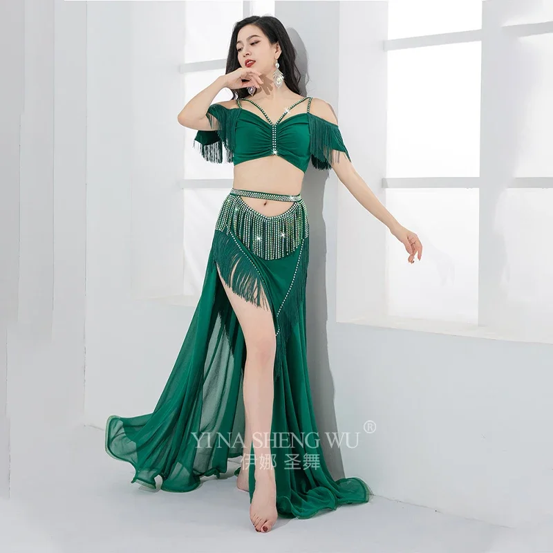 الرقص الشرقي افتتاح الرقص الأحمر زي الخامس الرقبة أكمام أعلى + AB الأحجار شرابة تنورة طويلة 2 قطعة أزياء مسرحية الرقص الشرقي #5