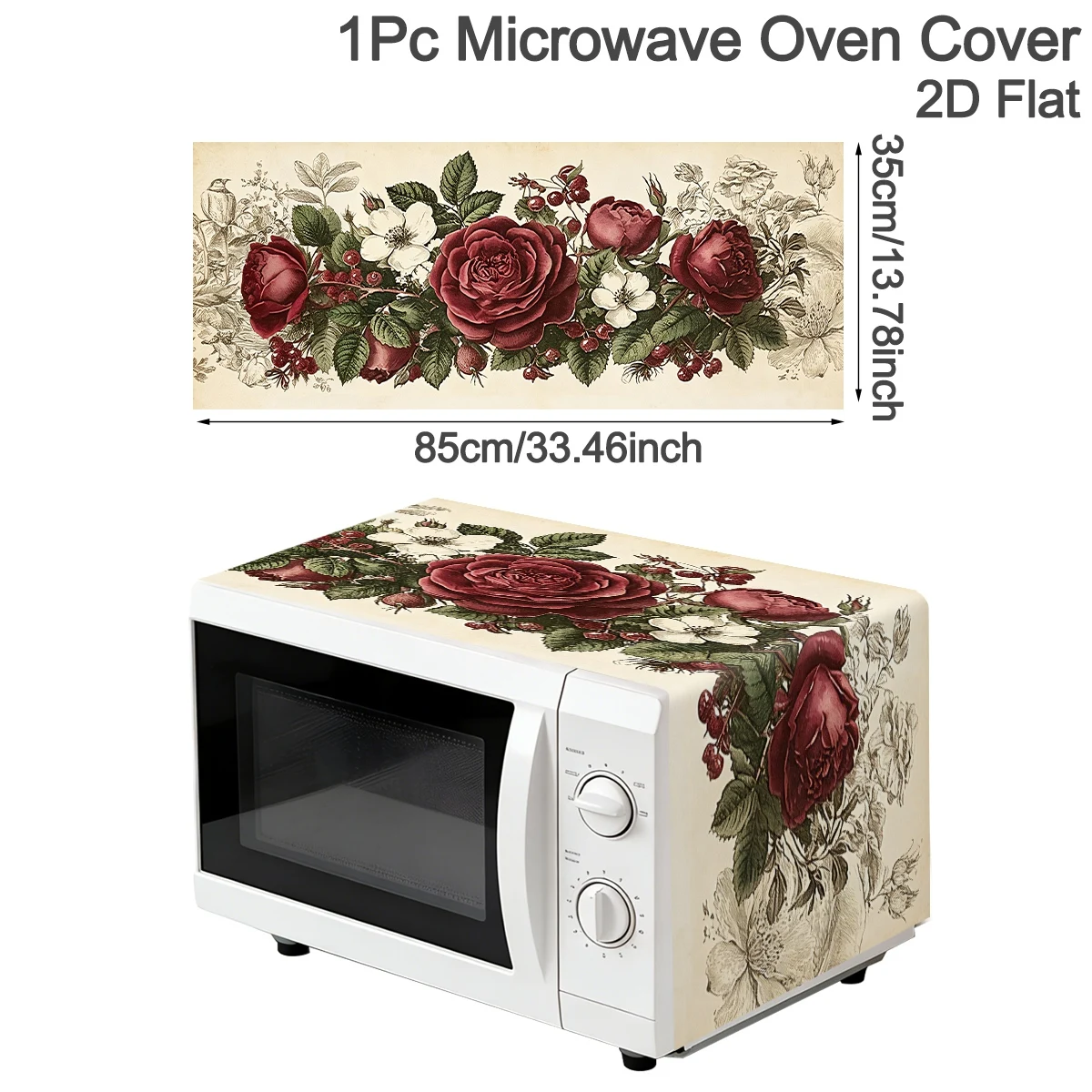 Red Rose Microwave Oven Cover 35x85cm Retro Floral Pattern Polyester Machine Protector for Home Kitchen Decor Stove & Oven Decor