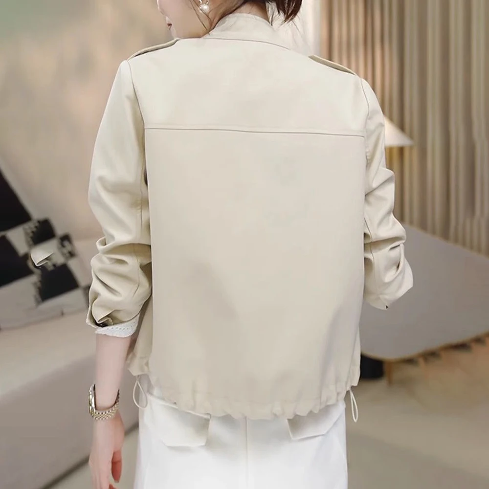 Autumn Stand Collar Trench Coat Jacket Women Epaulet Decor Single‑Breasted Button Loose Short  Coat Casual Commuter Outerwear