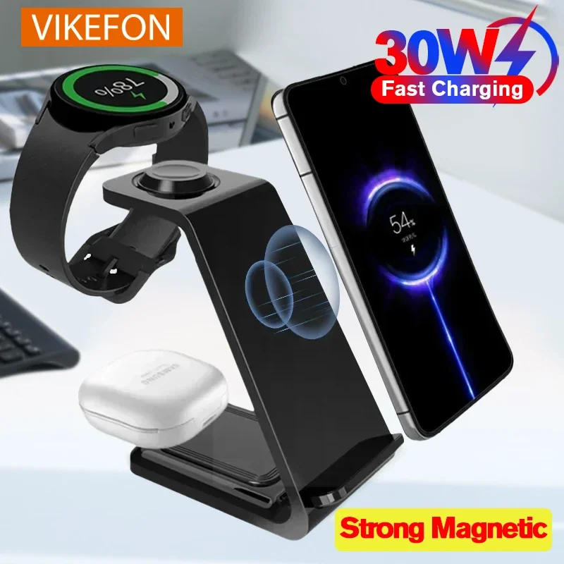VIKEFON 30W Fast Wireless Charger Stand For iPhone 15 14 13 Samsung S20 S21 Apple Watch 8/7 Samsung