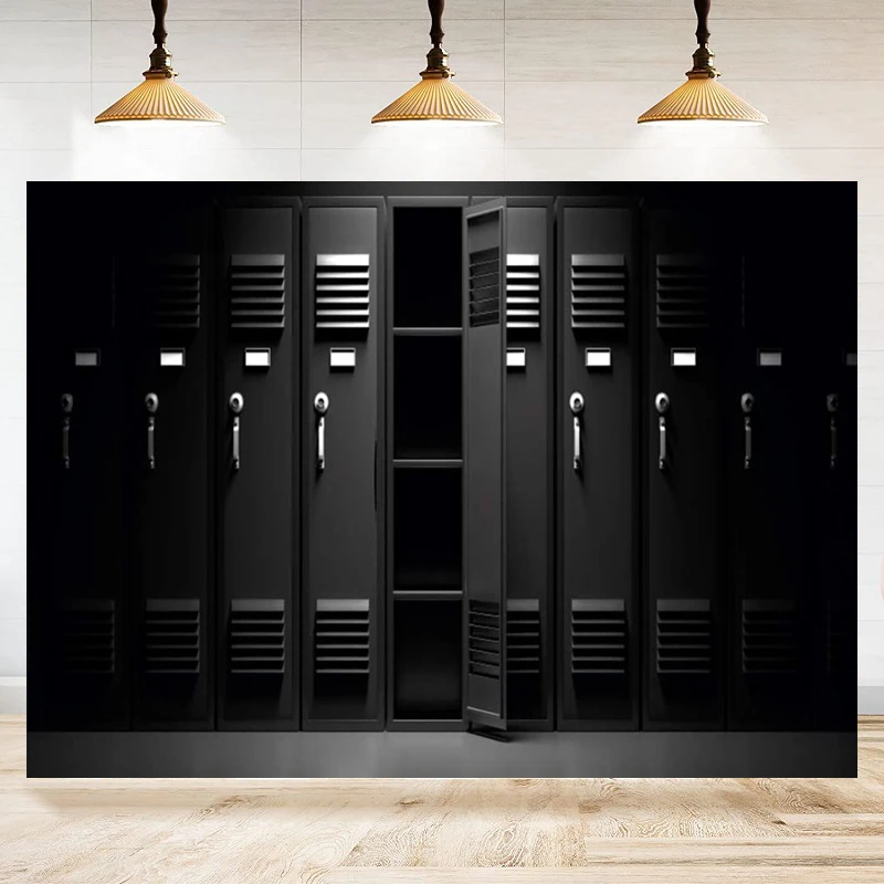 Black Locker Photography Backdrop Sports Gym School Background Stadium Locker Room Storage Banner Students Kids Adults Sports