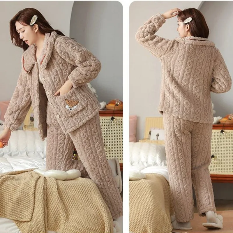 Pyjama en velours pour femmes et filles, vêtements de nuit épais, vêtements de détente chauds en peluche jacquard, vêtements d'extérieur trempés, hiver, 2024 lieux