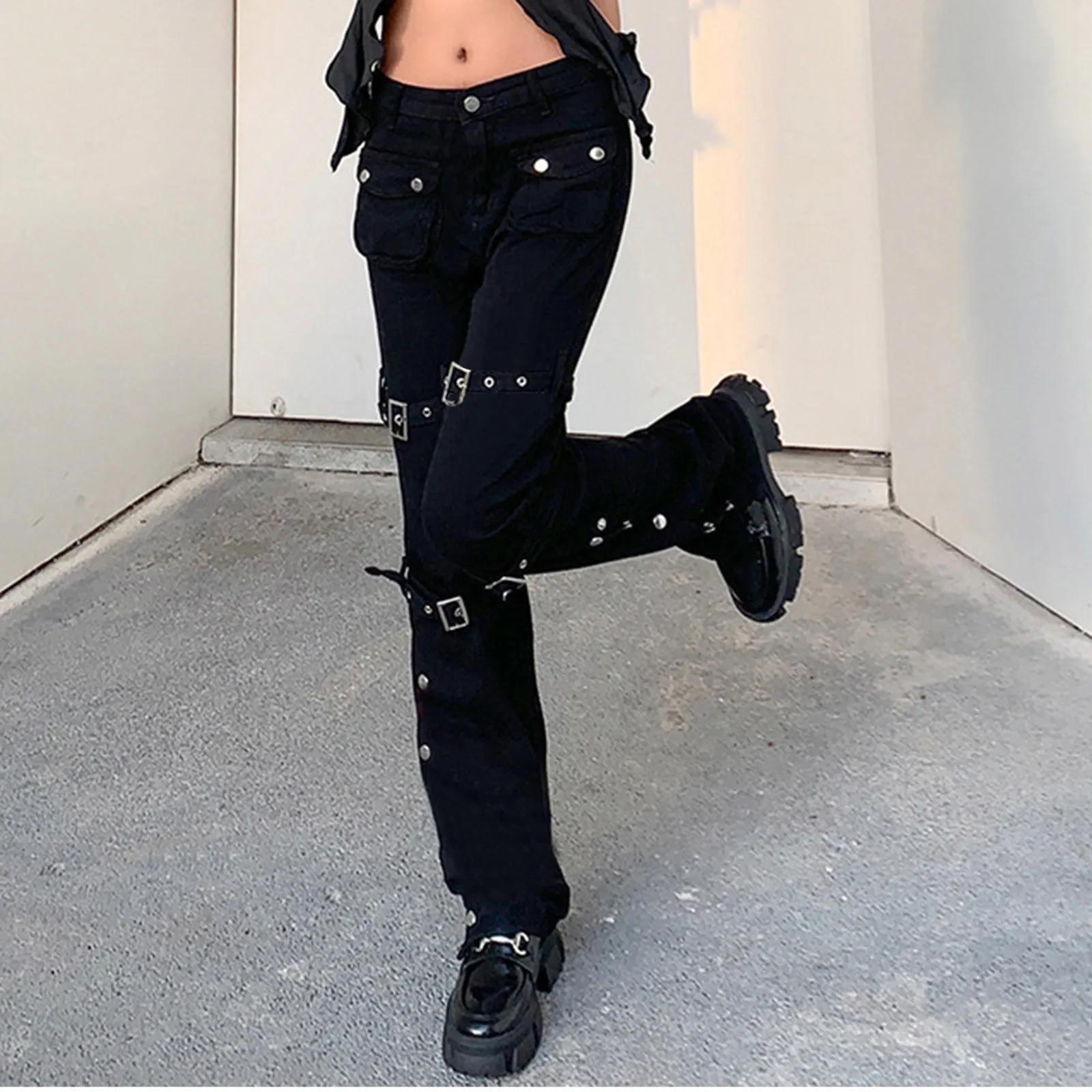 E-girl Gothic Black Cargo Pants Capri Women Low Waist Jeans Long Trousers Y2K Grunge Vintage Hip Hop Punk Harajuku Streetwear