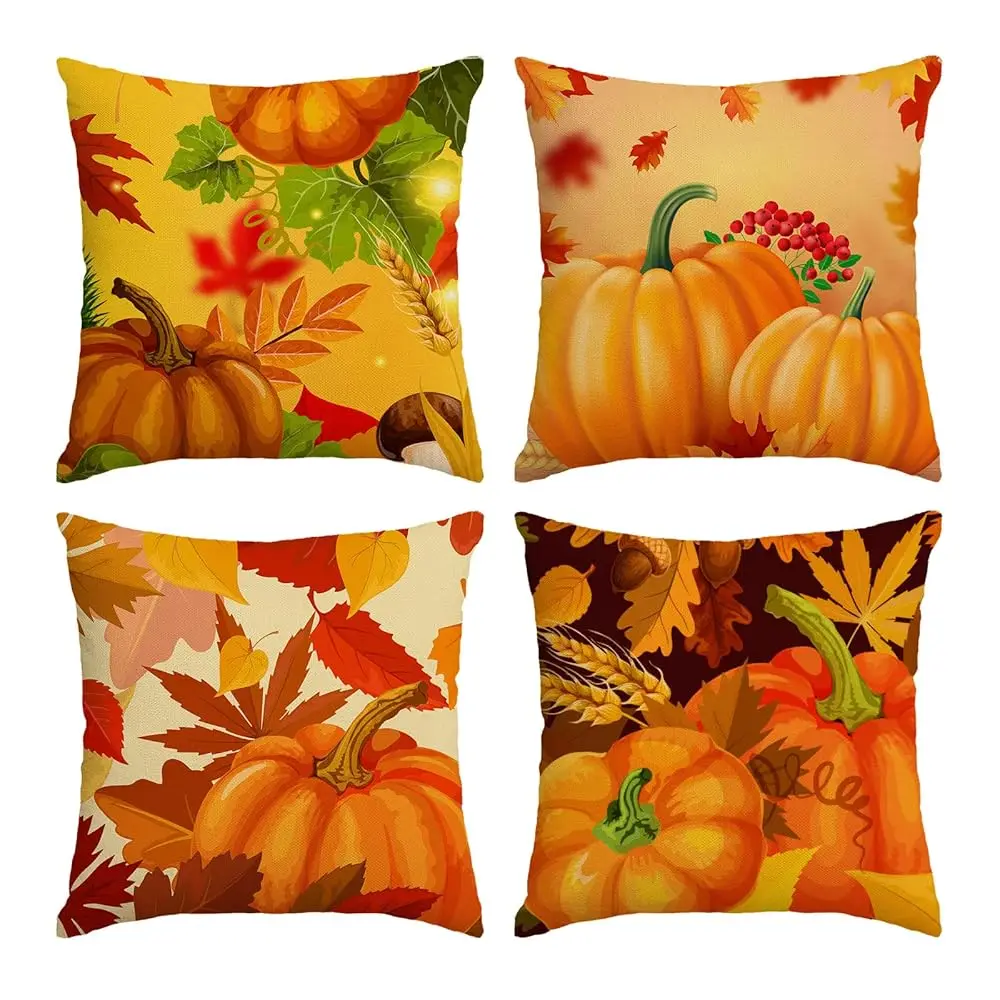 

Set Of 4 Fall Pillow Covers 26X26 H Thanksgiving Autumn Leaves Pumpkin Decorative Throw Pillow Covers Cotton Linen Square