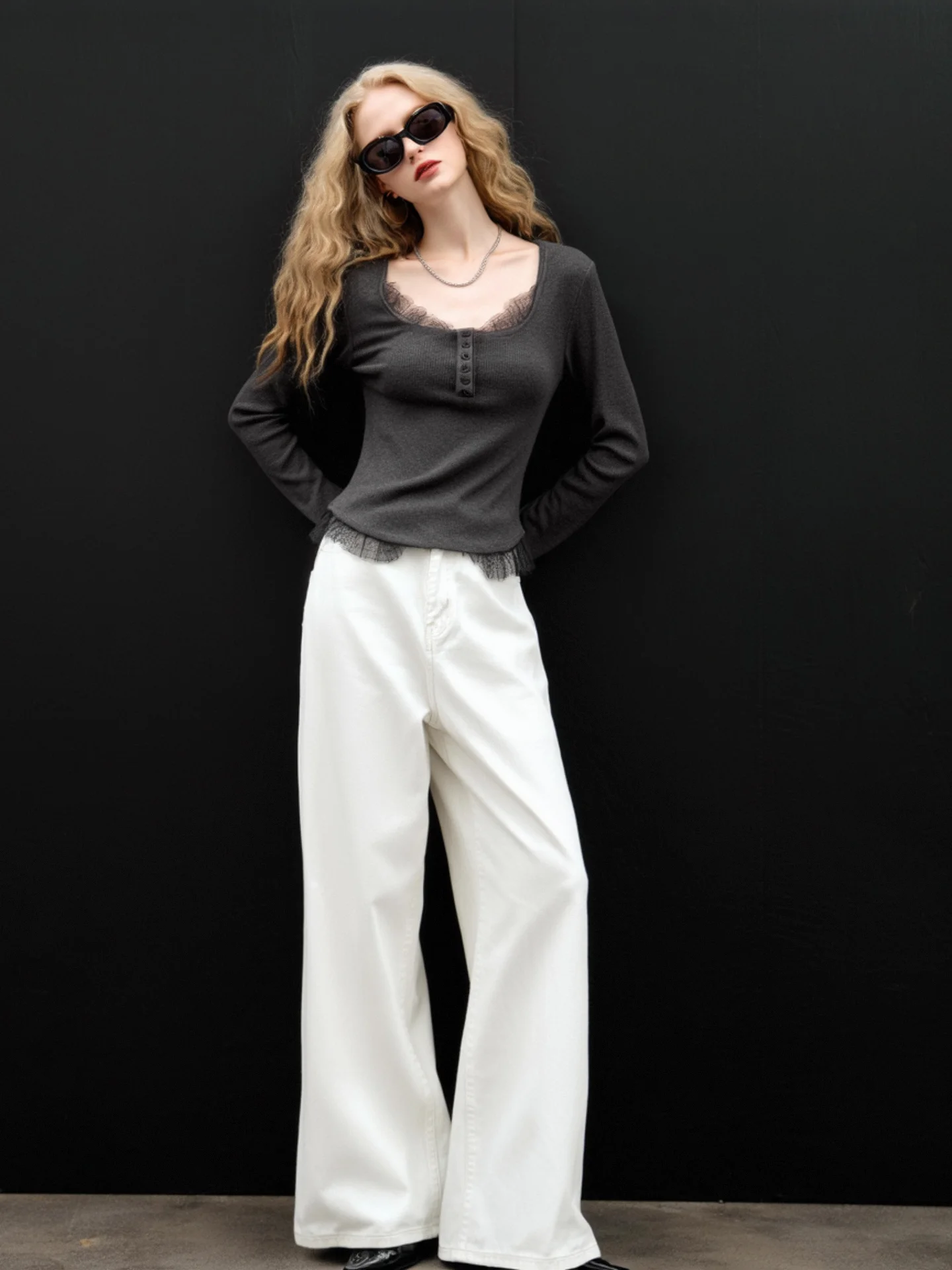 

HUAAPPUW Lace Splice Long Sve T-irt Women's Pure Color Waist-Cinching oulder-Appropriate Base irt Commute Sle