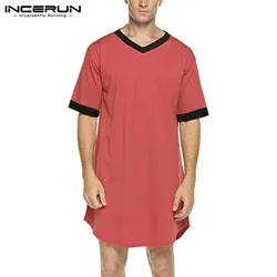 INCERUN 2024 Men Sleep Robes Short Sleeve V Neck Nightgown Patchwork Cozy Homewear Fashion Loose Mens Bathrobes Dressing Gown