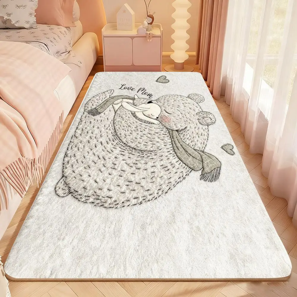VIKAMA Bear Hugging Bunny Runner Rug for Bedroom, Soft Flannel Bedside Floor Mat, Anti Slip Non Fatigue Doormat, Home Decor