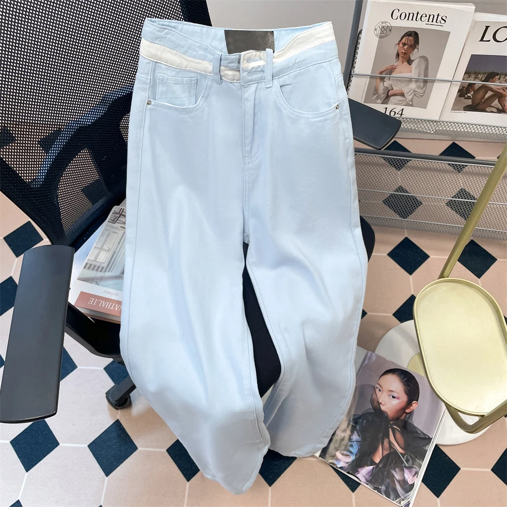 

Collision Color Design Waist Jeans Women's Lightblue High-waist Wide Leg Pants Casual Versatile Female Embroidery Denim Pants