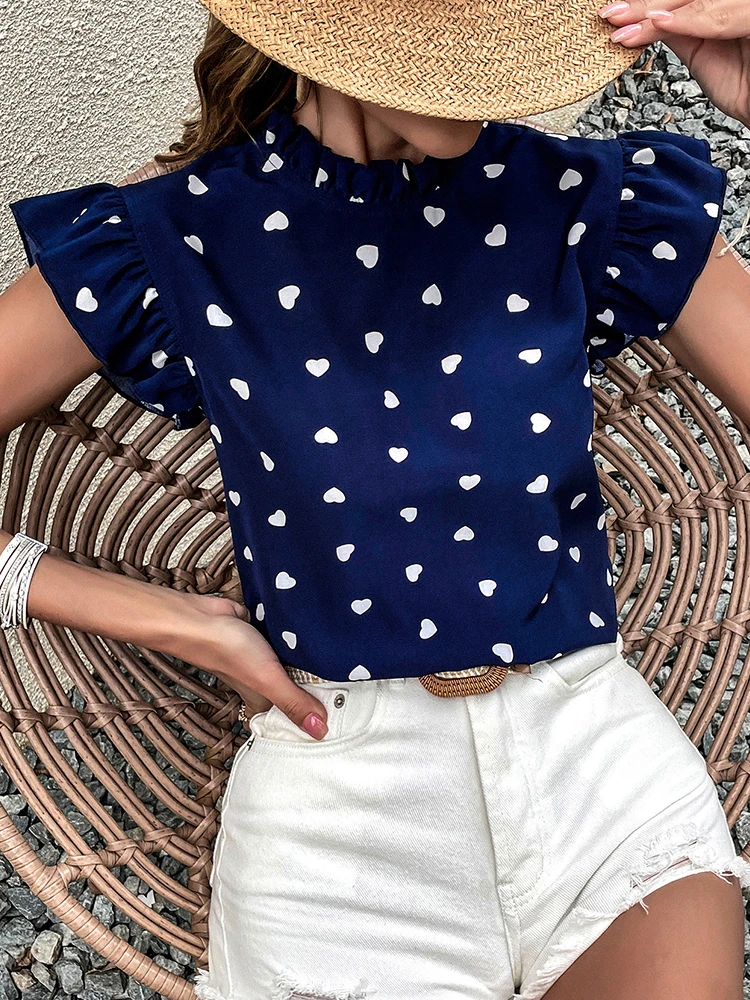 

Polka Dot Blouse Women Summer Heart Print Tops Female Vintage Short Sleeve Shirts Ladies Elegant Sweet Ruffle Blusas Para Mujer