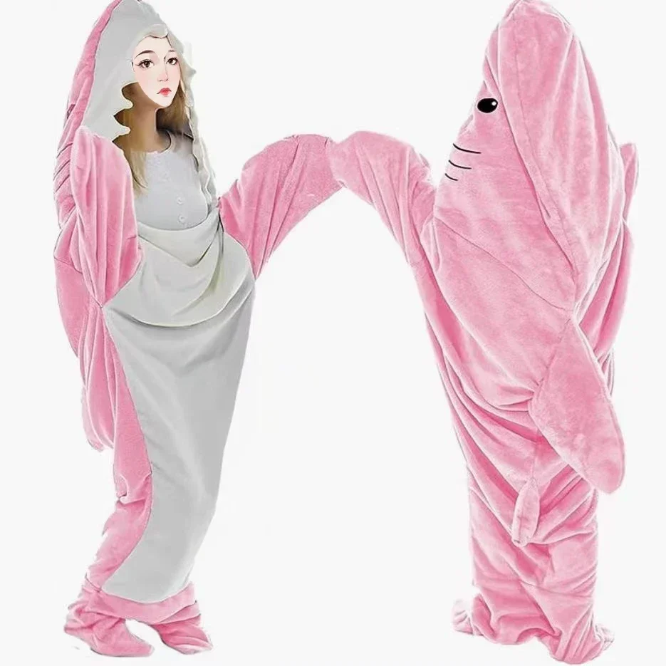 Wearable Gray Blue Shark Blanket Cosplay Hoodie Home Women Men Fleece With Sleeves Soft Cozy Sleeping Bag Pajamas Kid Costume