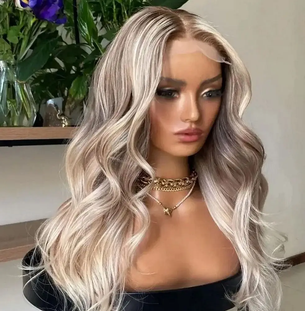 

Ombre Светло-русый HD Парик Фронта Шнурка Натуральная Линия Волос Средняя Часть Объемная Волна Термостойкое Синтетическое Волокно Костюм Женский 22"