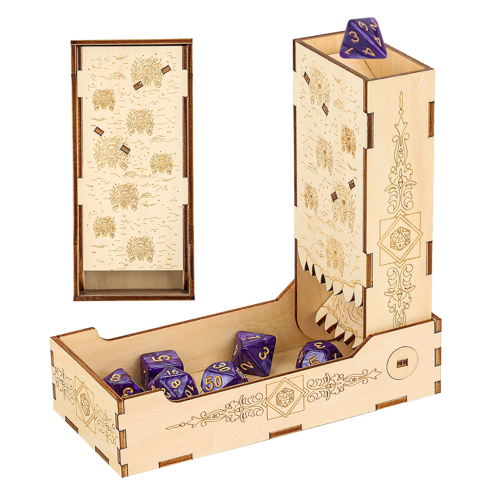 

Foldable Wooden Dice Tower Creative Small Eye Monster Pattern Tabletop Game Dice Rolling Tray Role-Playing Game Dice Box
