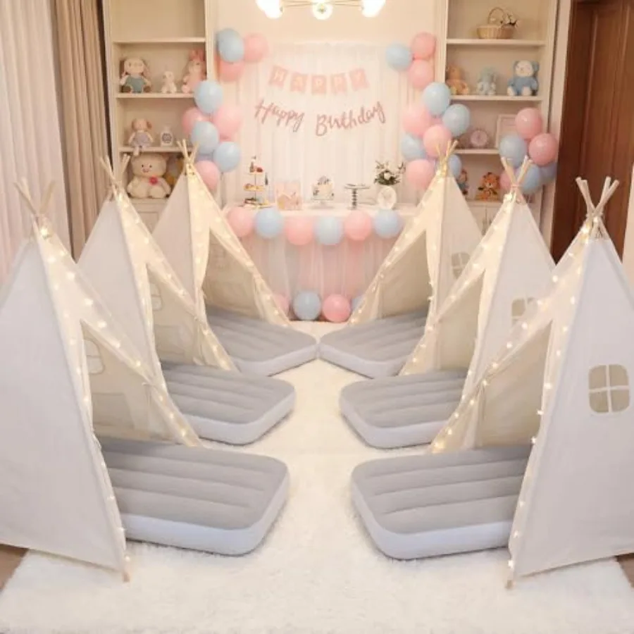 

6 Pack Teepee Tent with Inflatable Airbed Light Natural Color Indoor Play Tent for Girls Boys Perfect for Sleepover Slumber Par