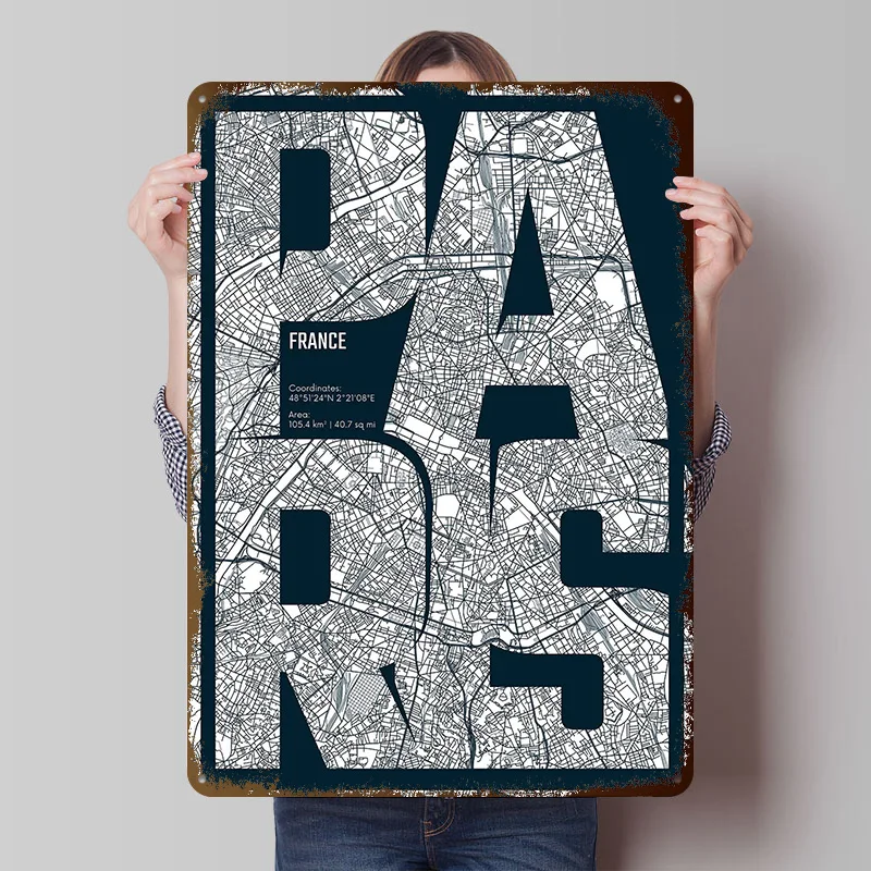 Paris France Map Typography Printing Poster Customized Retro Wall Art Vintage Metal Signs for Room Office Decoration Gaming Home