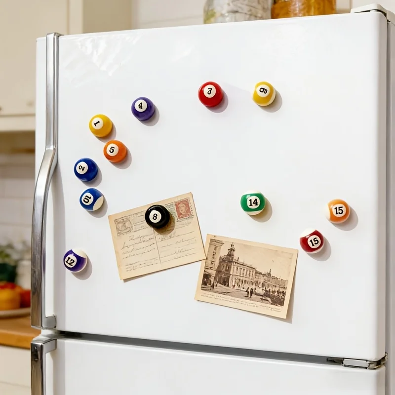 15 Magnetic Billiards-Shaped Refrigerator Stickers | Resin, Round, Suitable for Metal Surfaces, Ideal for Photos, Notes, Papers