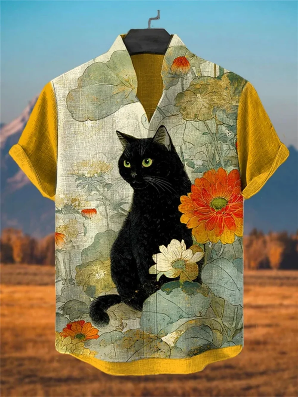 

Летняя мужская рубашка с коротким рукавом 2025 года, модный воротник-стойка, уличный повседневный кардиган, льняной кардиган с котом и цветочным принтом