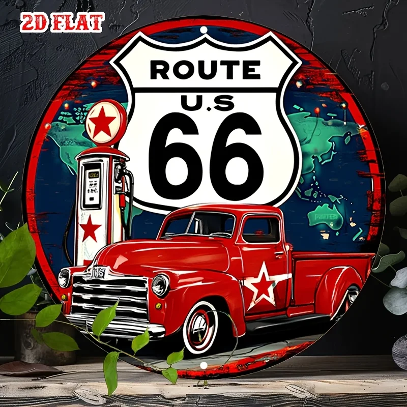 [Vintage Truck Metal Wall Art] 1pc Classic Car Round Aluminum Sign - Vintage Truck Metal Wall Art | Route 66 Rustic Decor, Gas S