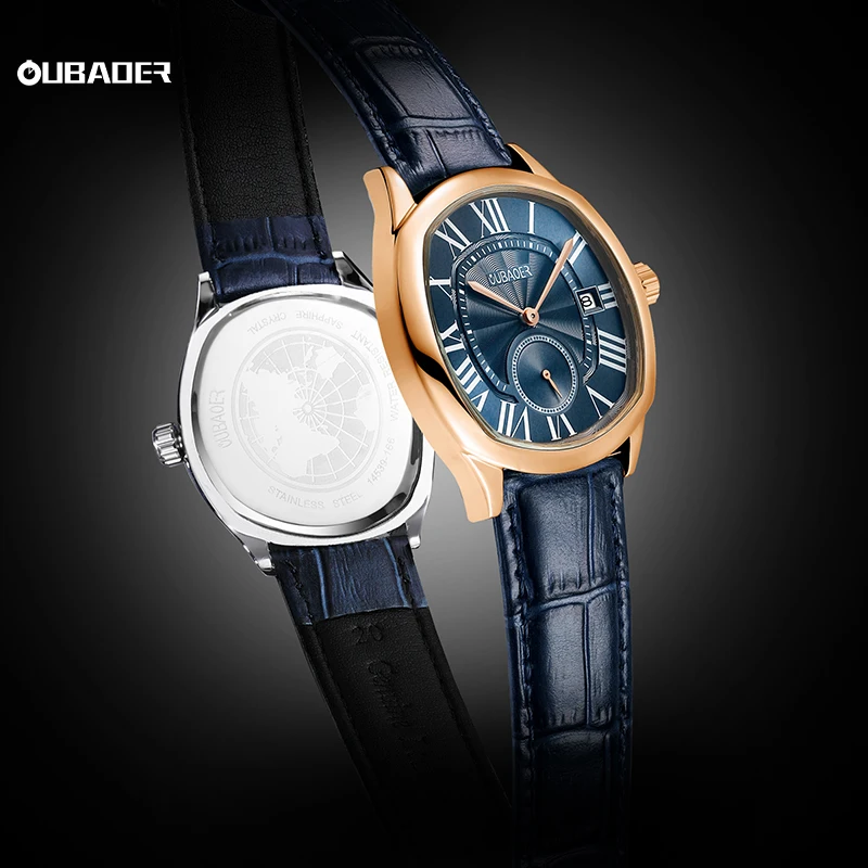 OUBAOER Rose Gold Case Blue Dial Luxury Quartz Wristwatch Waterproof Date Leather Men's Watches Sports Square Casual Male Clocks