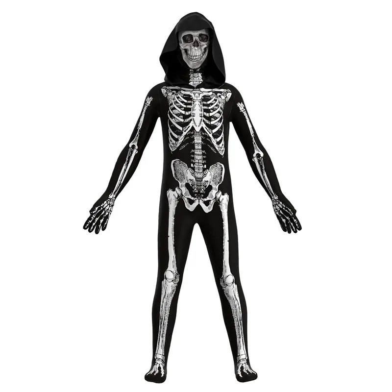 

Kids Scary Grim Reaper Jumpsuit Black Hooded Costume Halloween Horror Skeleton Cosplay Boys Ghost Mardi Gras Party Dress Up