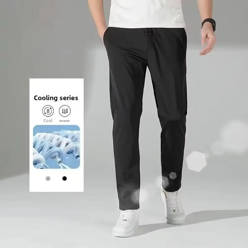 

Summer 2025 Men's Ice Silk Loose Fit Straight Leg Casual Sports Pants Large Size Lightweight Versatile Trendy Pure Color