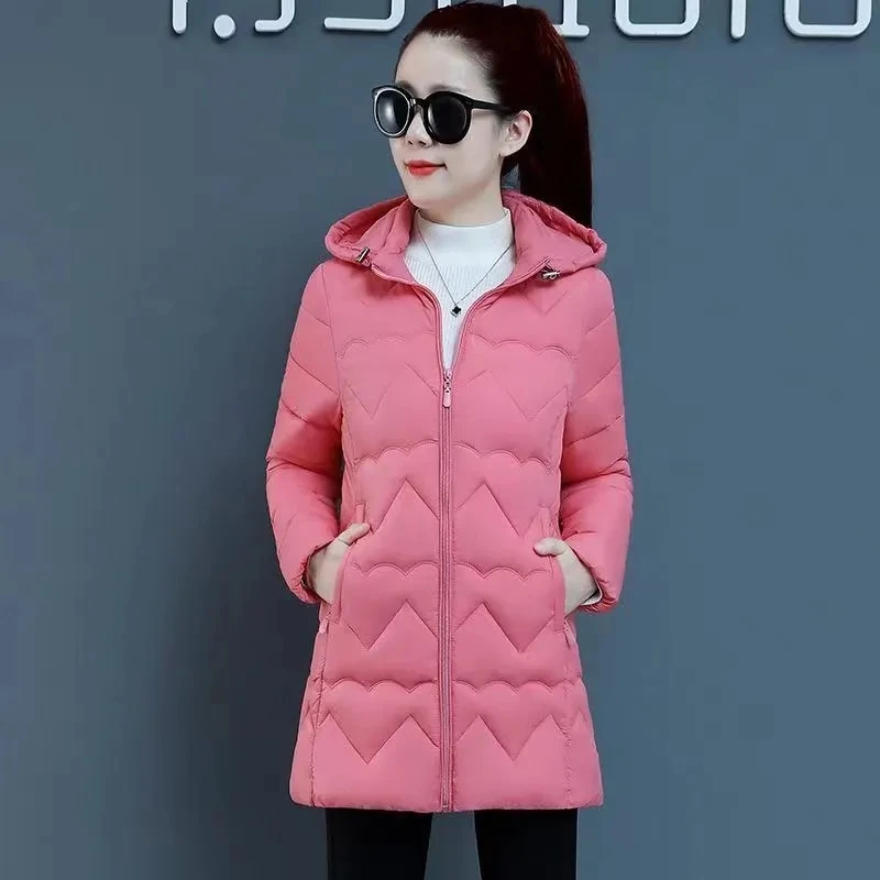 Women's Thin Down Cotton-Padded Jacket, Elegant Overcoat, Loose Warm, Detachable Hooded, Long Coat, 6XL, Autumn, Winter, 2023