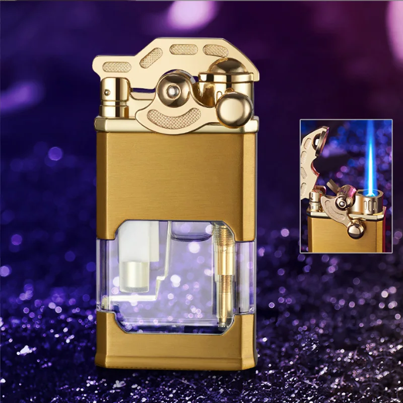 

Antique Straight Windproof Cigarette Lighter Transparent Oil Tank Rocker Ignition Metal Butane Gas Lighters Man Gadget