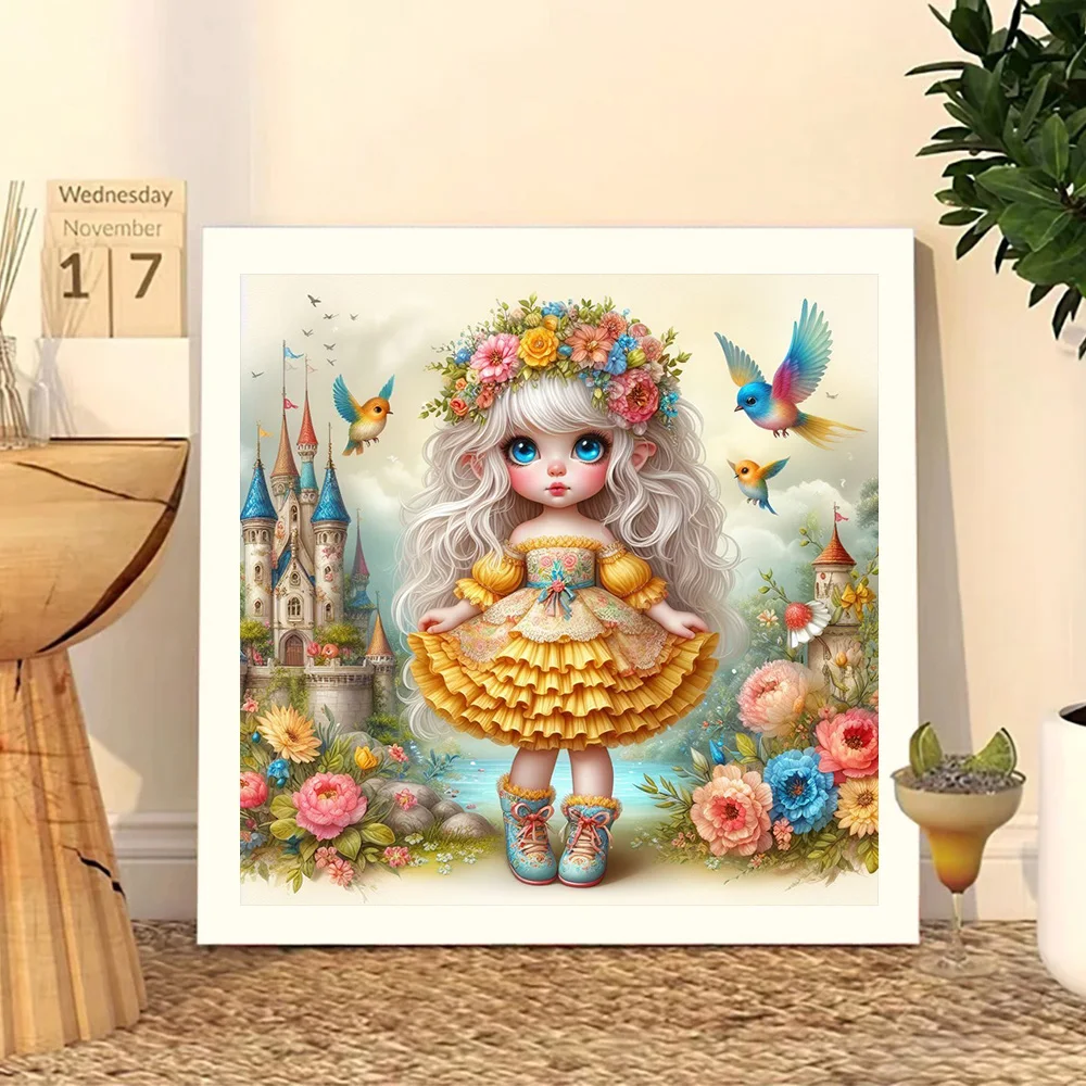 Cartoon Fantasy Castle Girl and Bird 5D Full Circle Diamond Painting Set Cute Princess Dress Girl DIY Diamond Mosaic Embroidery