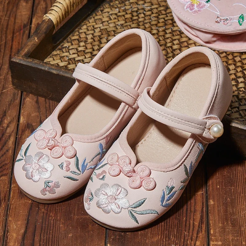 Children Hanfu Flat Shoes Kids Traditional Chinese Style Girls Fashion Shoes Handmad Embroidered Princess Ancient Costume Shoes