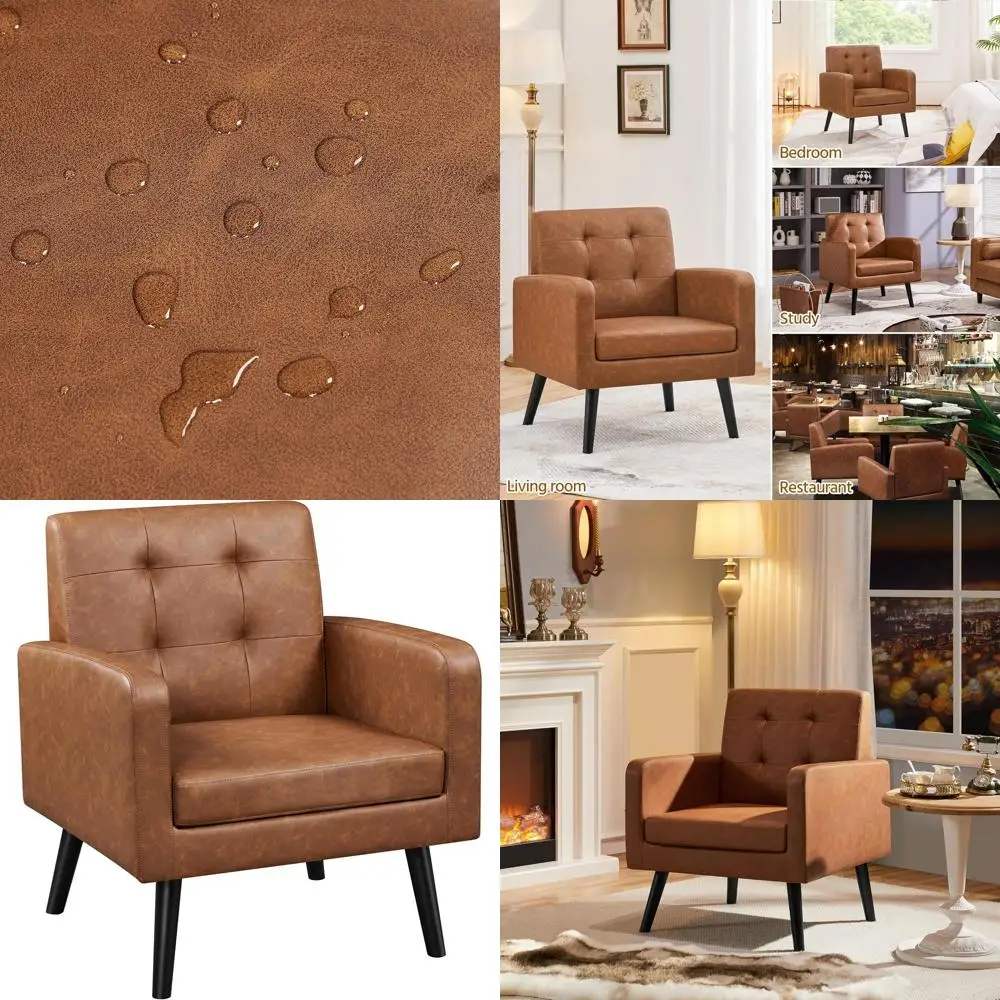 

Mid-Century Style Accent Chairs: 2-Pack Retro Brown PU Leather Upholstered Armchairs with Button-Tufted Back and Wooden Legs for