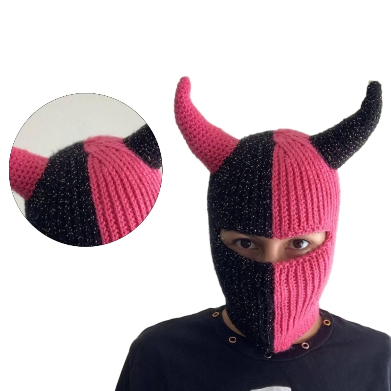 Handcrochet Balaclava Hat Girls Novelty Devil Horn Beanie Hat Women Hooded Hat Dropship