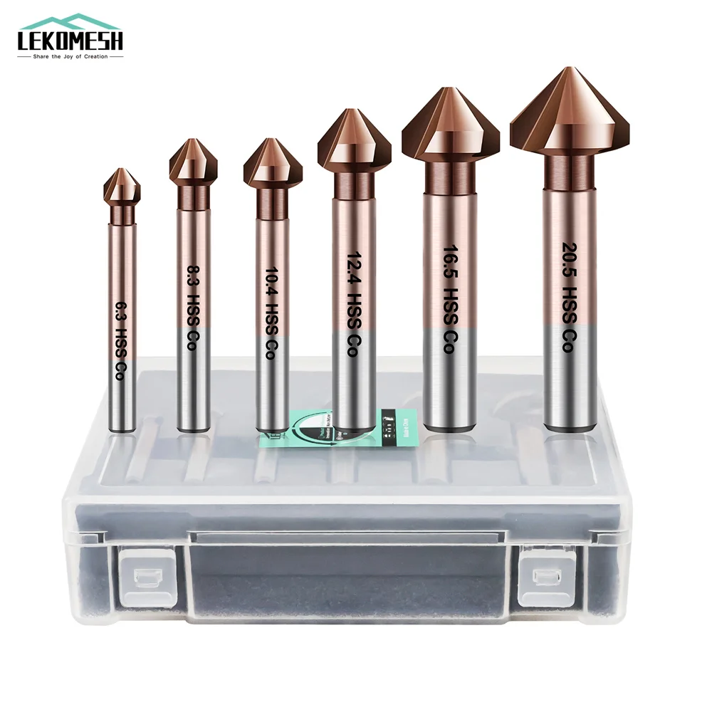 

LEKOMESH 6Pcs Countersink Drill Bits Set M35 HSS Chamfer Bits For Stainless Steel Iron Metal 90 Degrees Deburring Chamfer Cutter