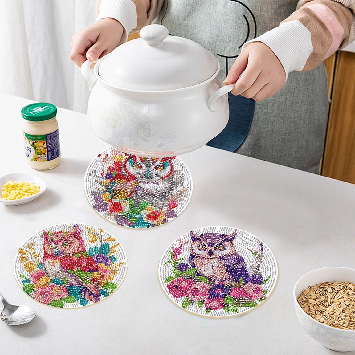 3 stuks Diamond Art schilderij placemat kit, kleurrijke uil diamant ronde placemats ambachtelijke placemats tafel keuken voor Home Decor Gift