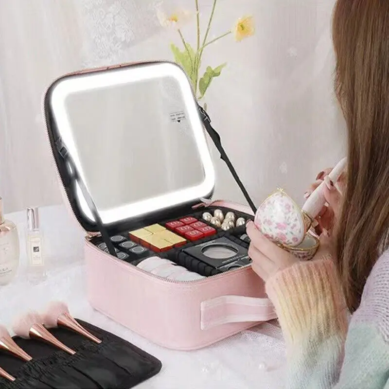 

New Smart LED Makeup bag With Mirror Large Capacity Professional Waterproof PU Leather Travel Cosmetic Case For Women