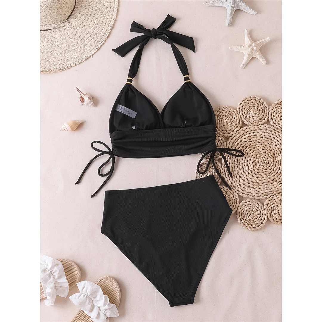 S - XXL 2026 Gerippter Neckholder-Bikini mit mittelhohem Bund, Damen-Badeanzug, zweiteiliger Bikini-Set, Badebekleidung, Badeanzug, Schwimmanzug V6447 – Detail 14