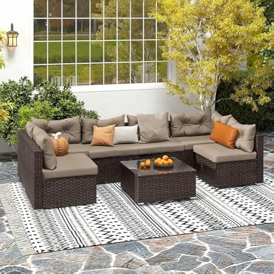 

7 Pieces Patio Furniture Set, All-Weather PE Rattan Outdoor Conversation Set, Wicker Outside Sectional Sofa Couch with Table