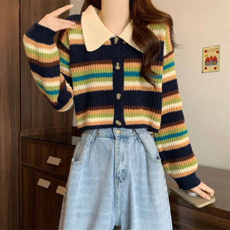 Color Blocking Striped Sweater Knitted Women\'s Autumn Winter 2024 New Style Outerwear Pullover Collar Short Base Cardigan Top