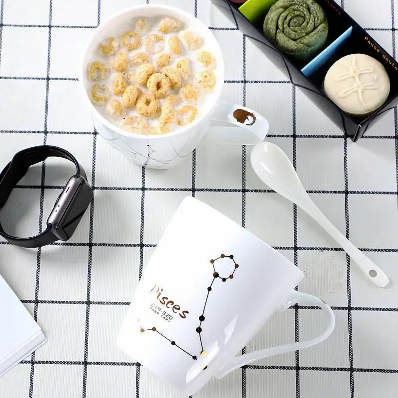 400ML, bone china constellation mug cup, ceramic star sign coffee mug with spoon lid, zodiac nespresso cup, tazas porcelain mug