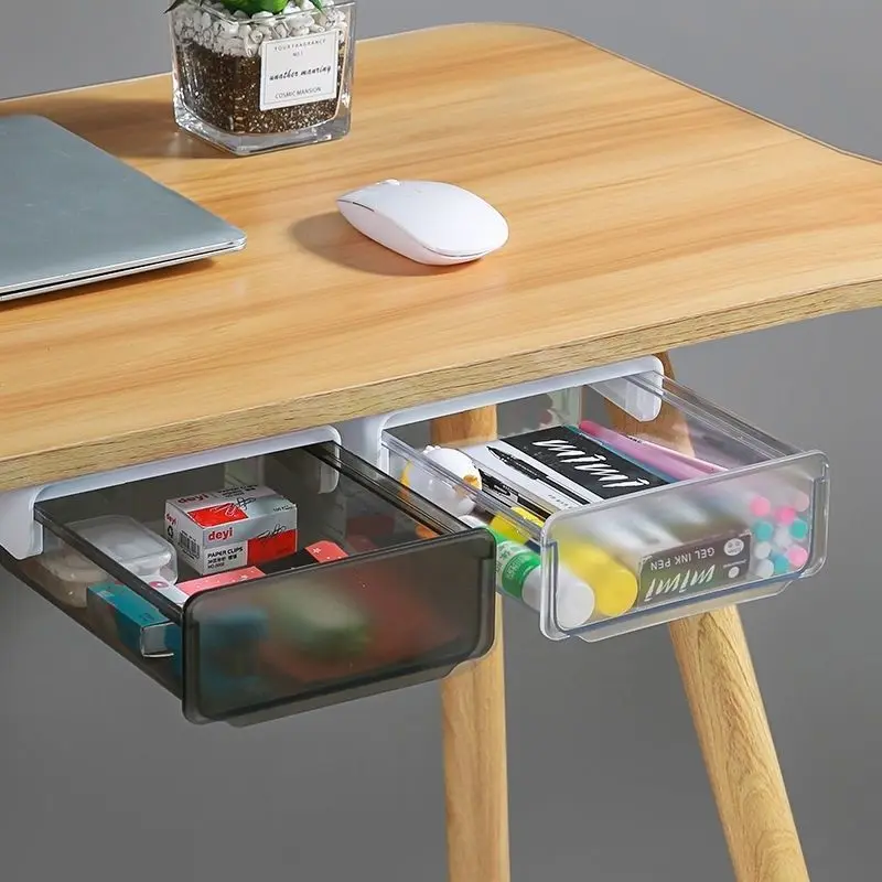 Under Desk Drawer Self Adhesive Under Desk Drawer Clear Drill Free Storage Box for Office Stationery Cosmetic Hidden Organizer