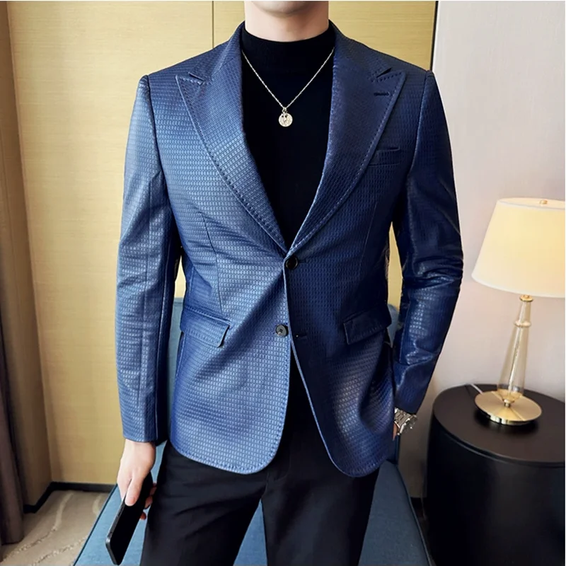 

2024 New Waffle High Quality Slim Leather Jacket Classic Business Casual Slim Fit Men Suit Jacket Wedding Tuxedo Men's Clothing