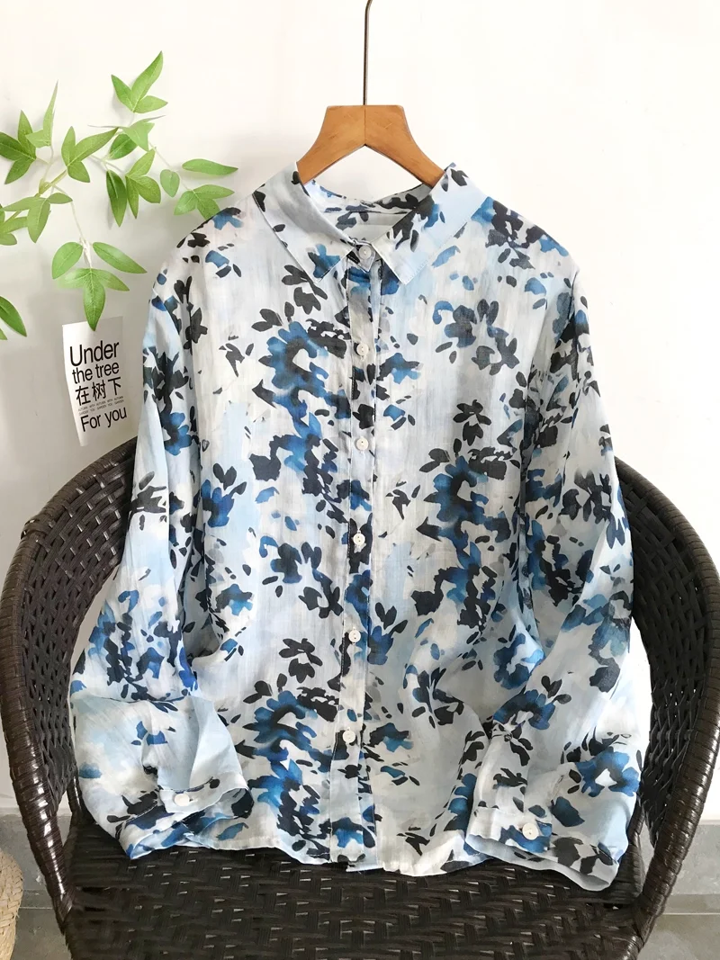 

100% ramie linen shirts long sleeve blouses for women summer Mexico style original design flowered shirts vintage clothing