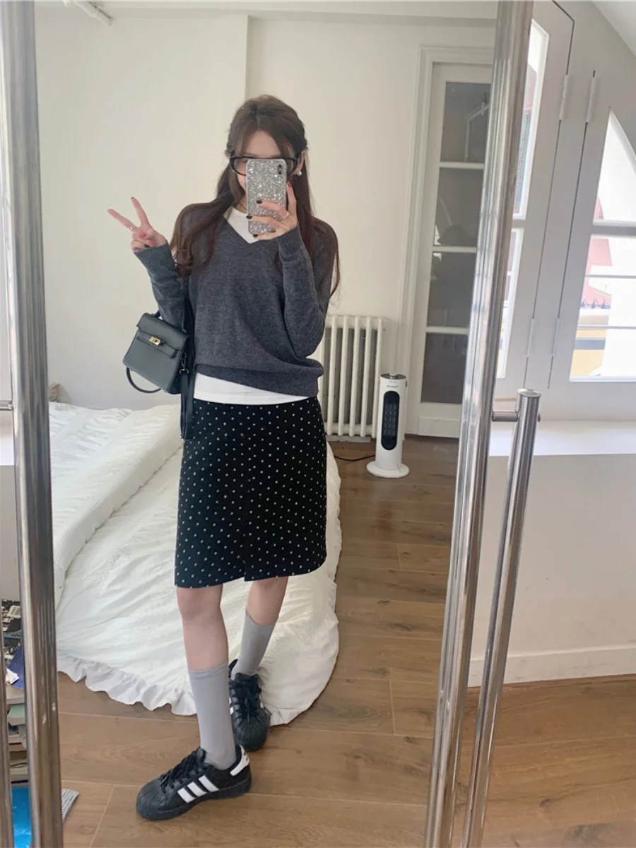

High Waist Polka Dot Asymmetrical Hem ort Skirt for Young Women plus Size Straight Cut Design Slimming Korean Sle Commute