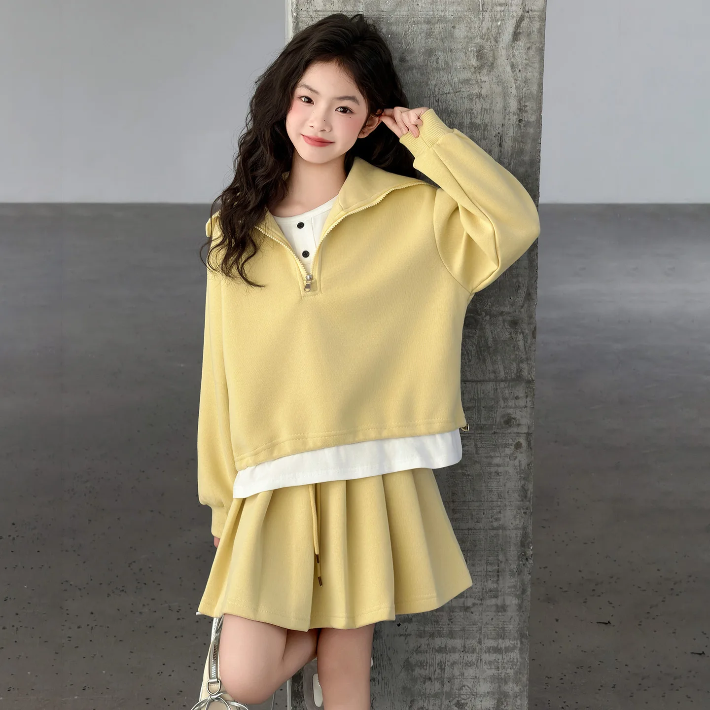 

2026 autumn Girls set Clothes teenager loose sweatshirt hooded crop top + pleated mini skirt 4 5 6 7 8 10 11 12 year tracksuit
