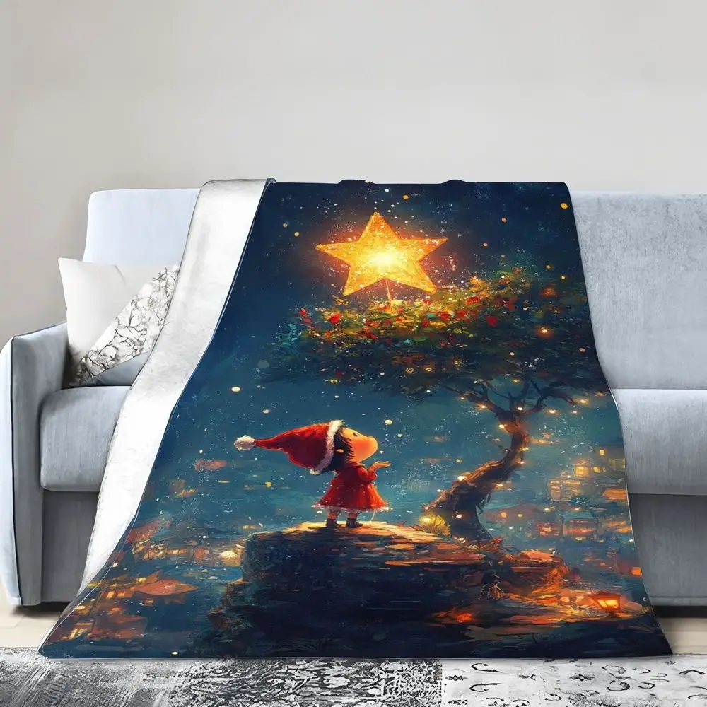 بطانية عيد الميلاد على شكل نجمة ذهبية غريبة الأطوار - رمي صوف ناعم مريح يتميز بمشهد شتوي سحري مع طفل في قبعة سانتا، توينكلي #5