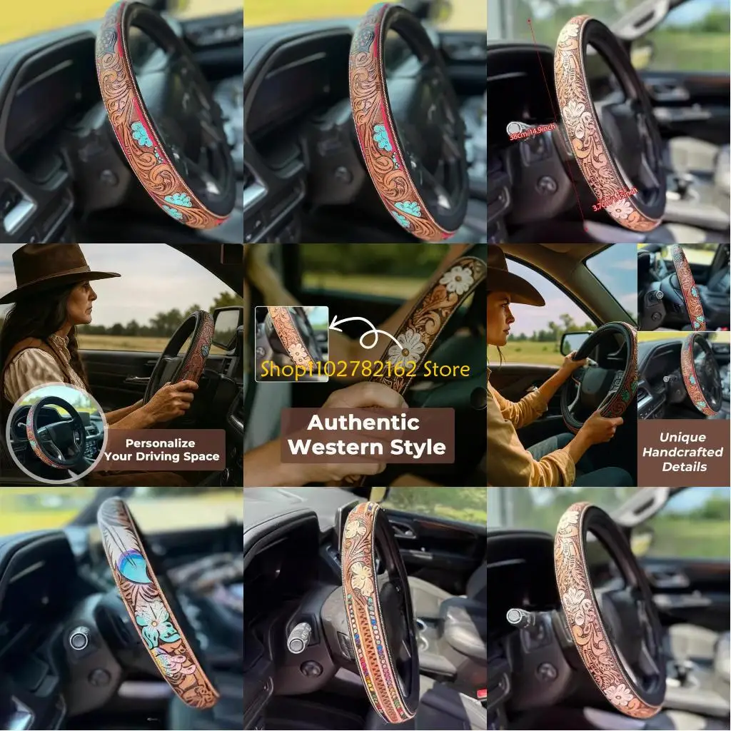 

547B Rural Cowhand Relieved Steering Cover Not Slip Texture Easy 30s Install Ventilated Comfort Unisex Fit
