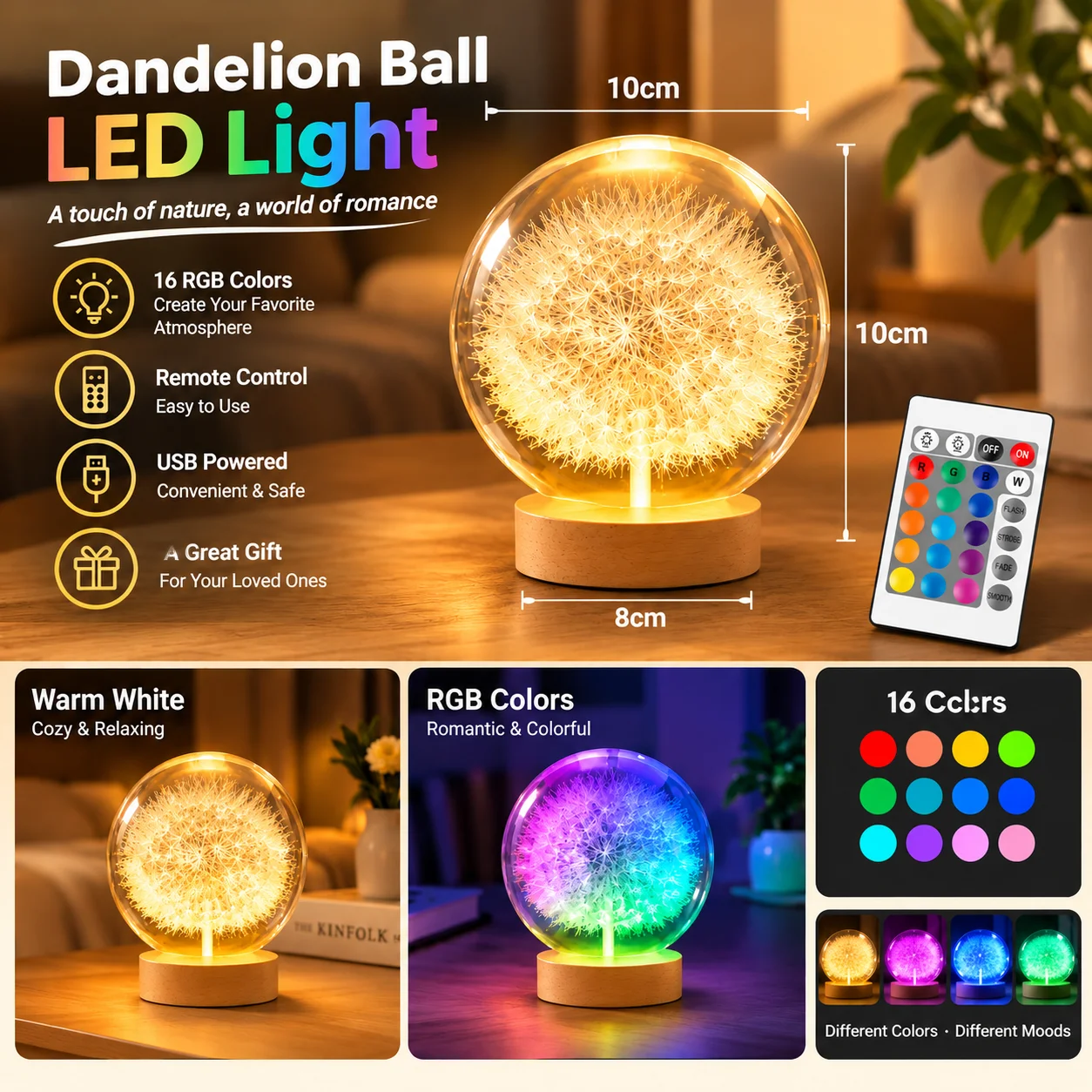 10cm Dandelion Glass Ball RGB Lamp with Wooden Board Romantic Bedroom Home Crystal Ball Decor LED Night Light for Birthday Gift