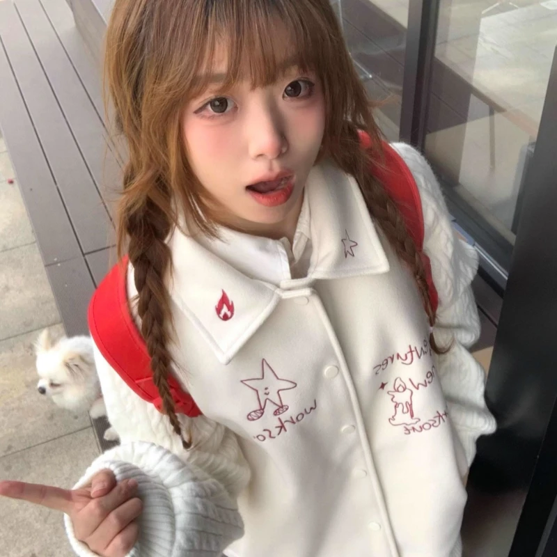 Letter Embroidery Preppy Style Casual Coats Women Patchwork Harajuku Loose Jackets Y2k Aesthetic Grunge Single Breasted Jacket