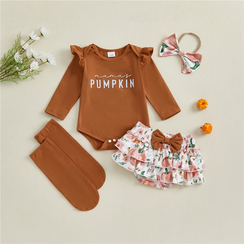 

Newborn Baby Girl Halloween Outfit Letter Long Sleeve Romper Pumpkin Ruffle Shorts Bow Headband Solid Stockings