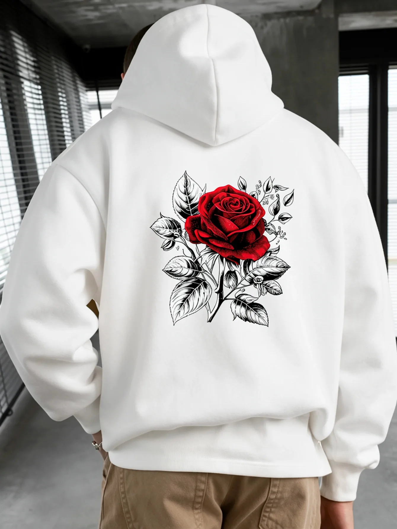 Red Rose Silver Leaves Floral Graphic Hoodie, Unisex Black Hooded Sweatshirt, Long Sleeve Pullover with Relaxed Casual Streetwear Style, Vintage-Inspired Top for Fall Winter, Daily Wear, Travel And Outdoor Activities