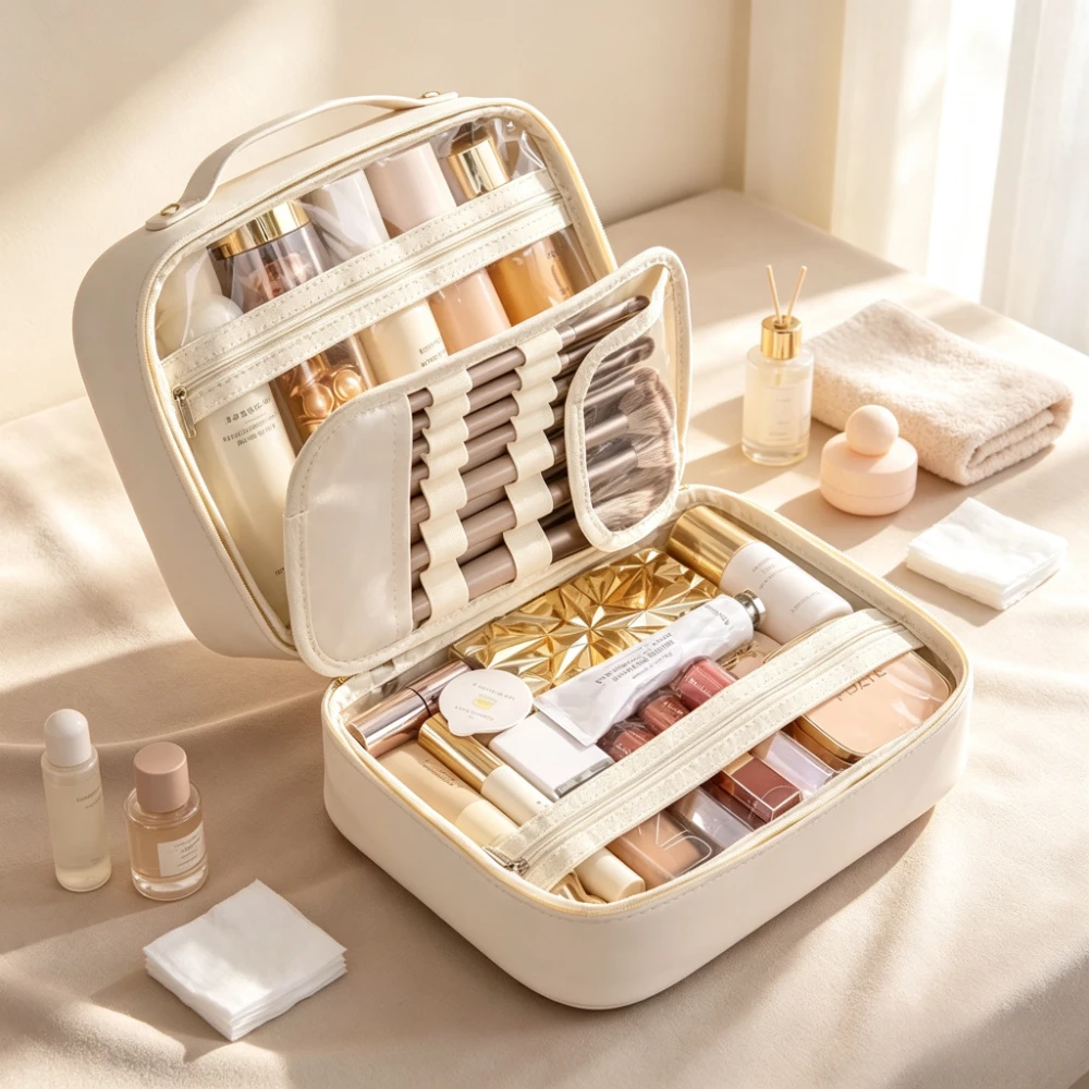 Portable Makeup Bag Women Cosmetic Bag Travel Beauty Organizer with Brush Slot Large Capacity Waterproof Skincare Storage Bag
