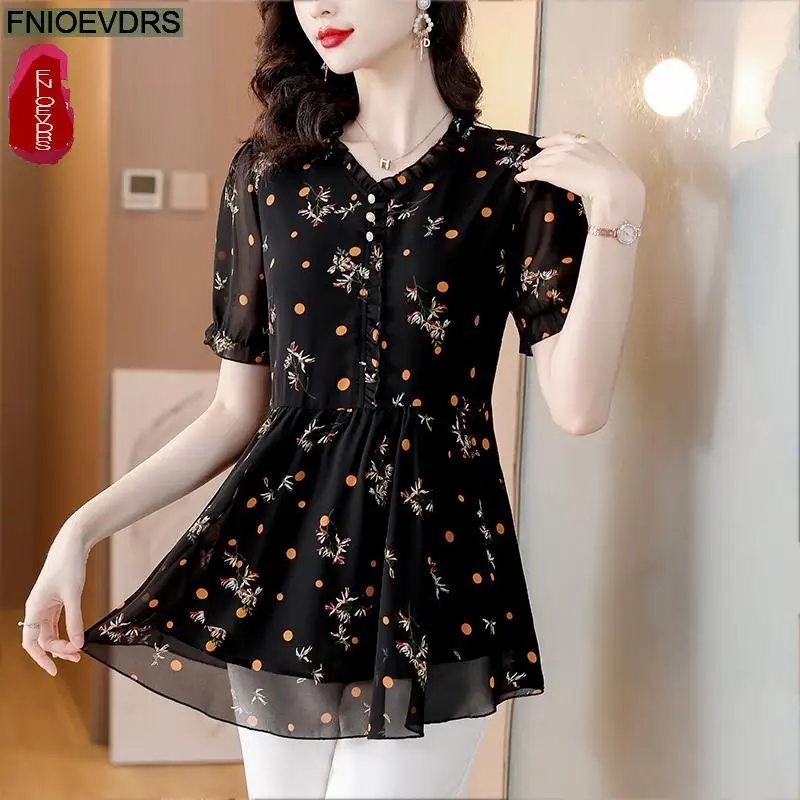 M-4XL 2023 Loose Clothes Women French Design Elegant Office Lady Black Chiffon Shirt Retro Flower Print Peplum Tops Blouses